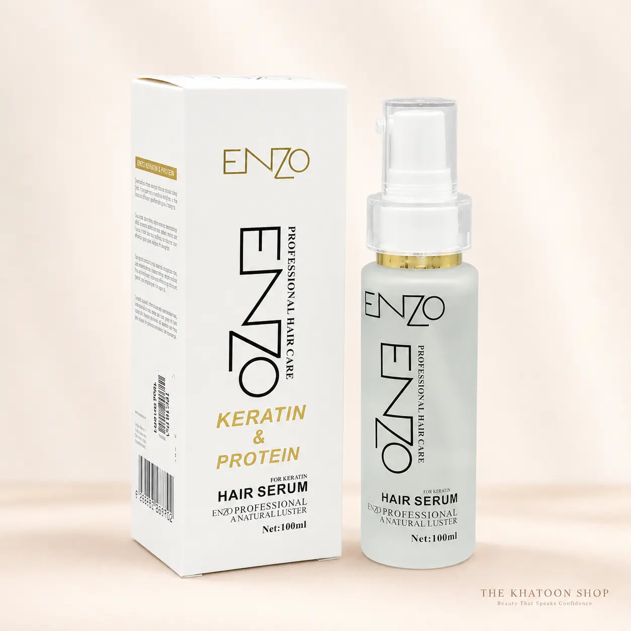 Close-up of ENZO Keratin and Protein Hair Serum 100ml bottle and box